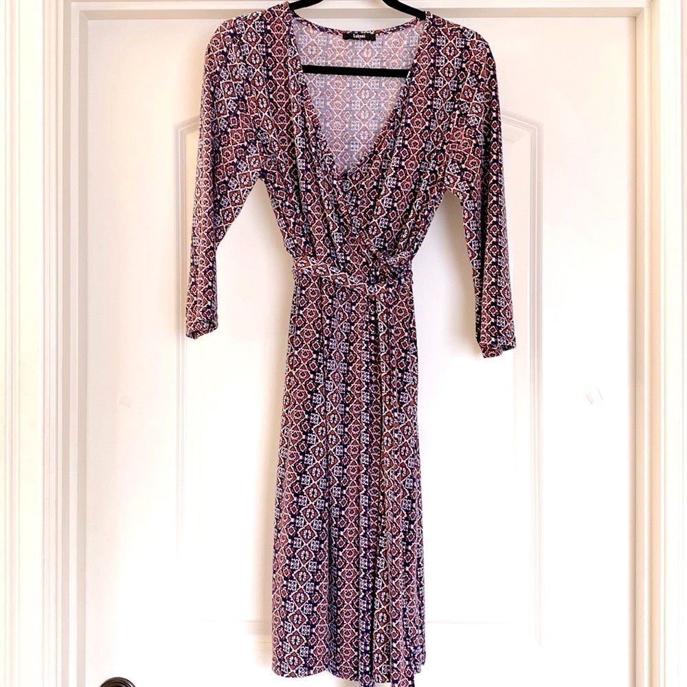 Laksmi faux wrap dress Womens L red white blue stretch comfort office Career